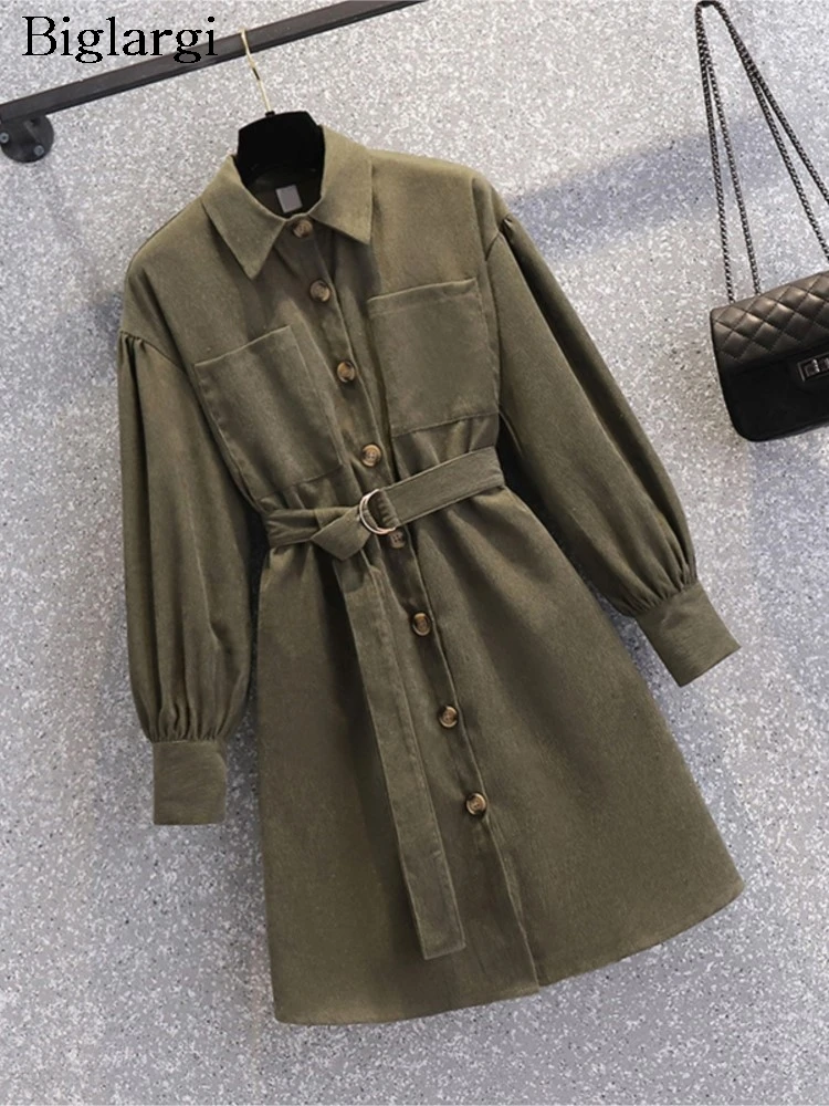 Plus Size Corduroy Autumn Winter Mini Shirts Coats Dress Women Ruffle Pleated Loose Korean Ladies Dresses Fashion Woman Dress