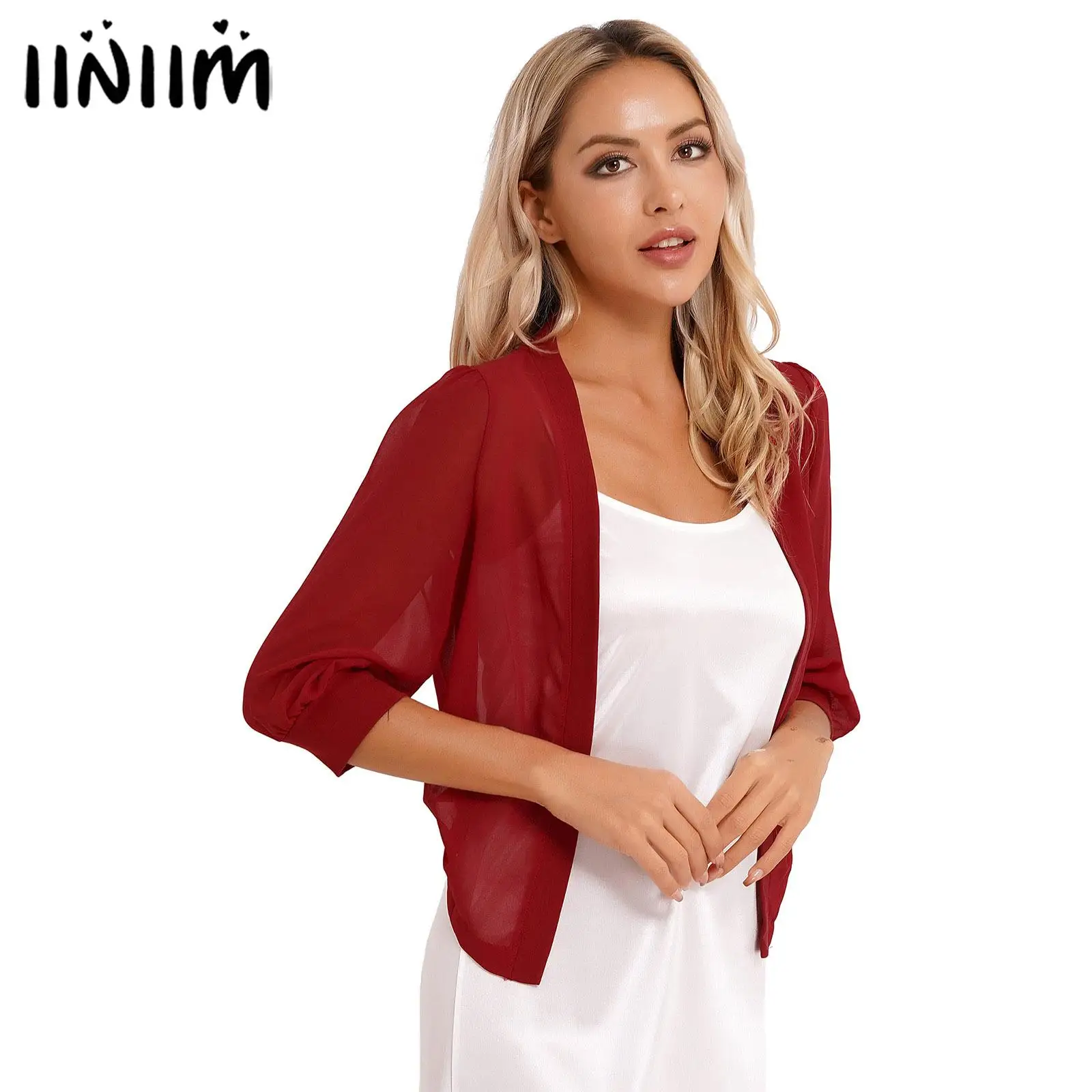 

Womens 3/4 Puff Sleeve Chiffon Cardigan Casual Solid Color Semi See-Through Shrug Bolero Open Front Swimsuit Cover Ups Beachwear