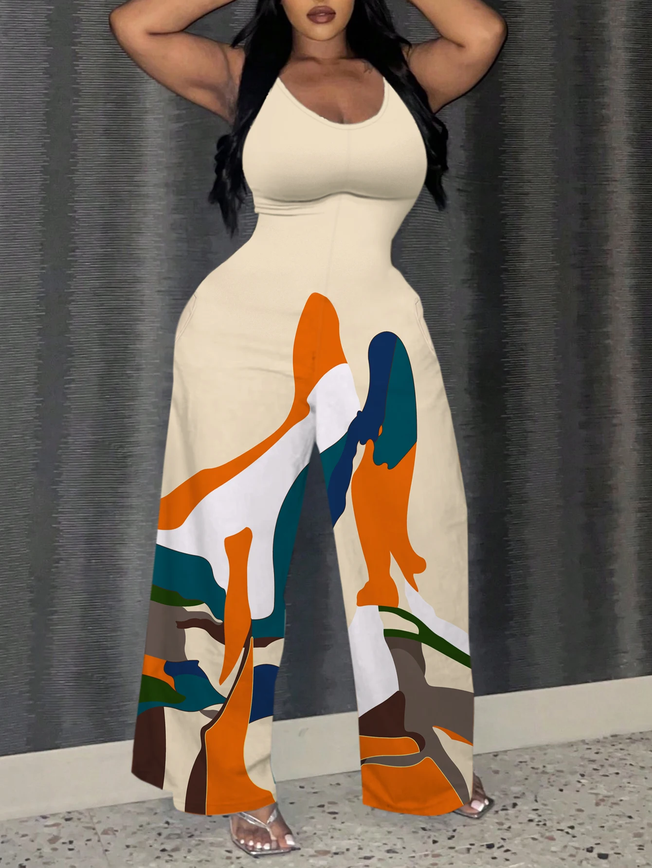 

LW Plus Size loose Jumpsuit Mixed Print Wide Leg Cami Jumpsuit summer sleeveless U neck high elasticity cami casual jumpsuit