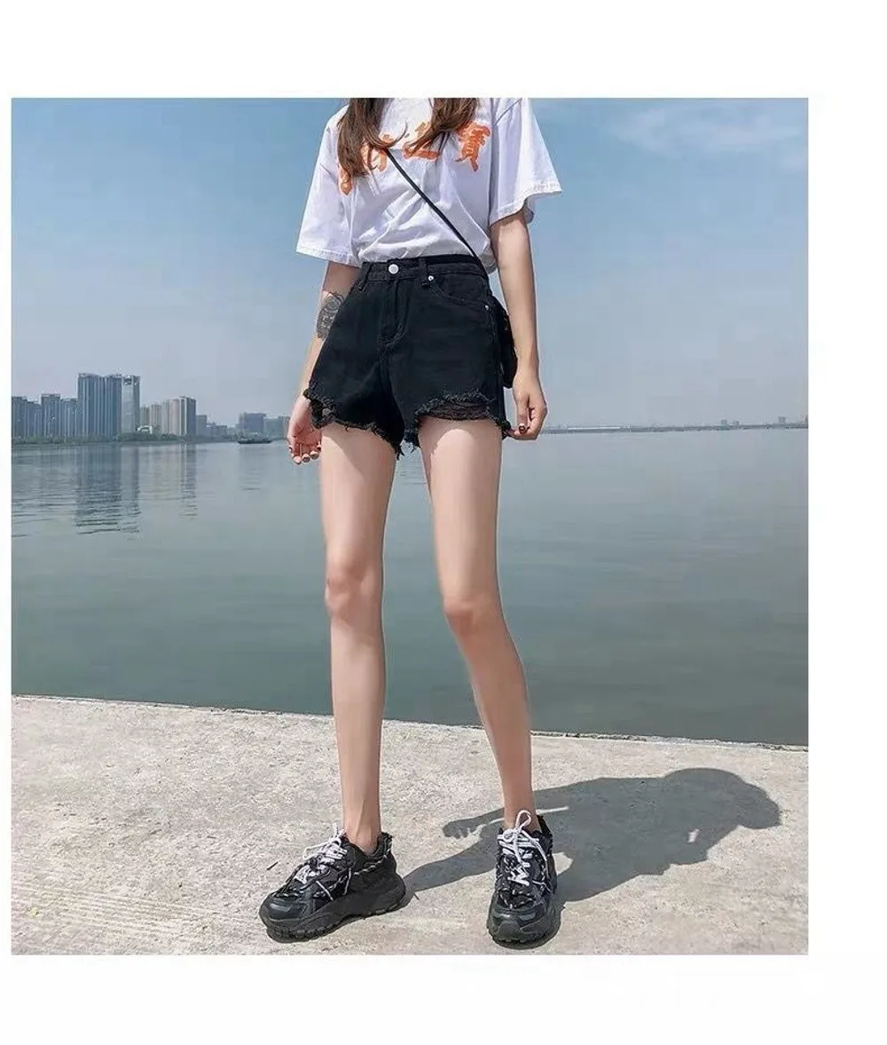 Trendige Dehnbare Jeans-Shorts für Damen, Hochgeschnittene Zerrissene Denim-Shorts mit Ausgefranstem Saum, Vielseitige Kurze Hosen für den Sommer – Detail 7