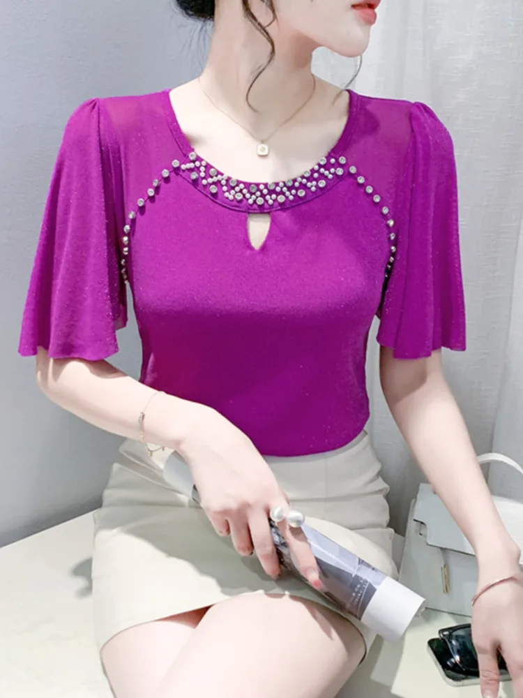 #7241 Black Red Purple Stretch Mesh Short T Shirt Women Round Neck Diamonds Thin Sexy Skinny Tshirt Female Ruffles Sleeve Summer