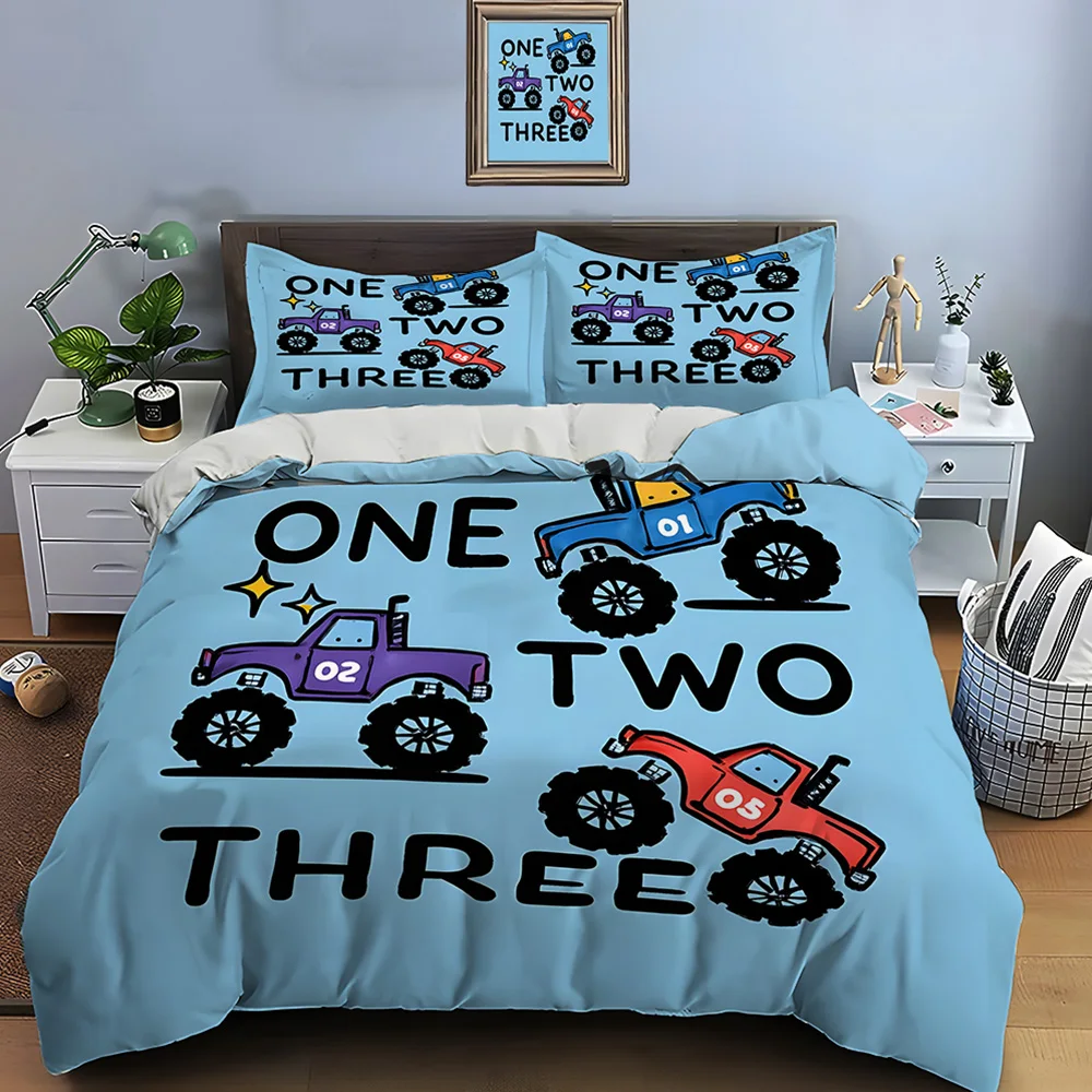 Cartoon off-road trucks pattern Bedding Set for Kids Luxury Gift 3pcs Digital Print Comforter Set Soft Comfortable Breathable