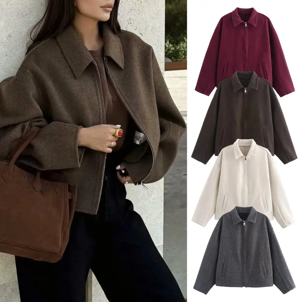 

Fashion Zipper Woolen Jacket For Women Elegant Lapel Long Sleeve Short Coats Vintage Autumn Lady Street Outerwear