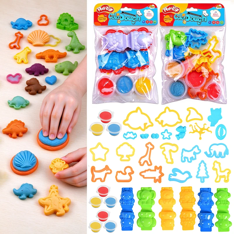 DIY Kids Play Dough Set with Animals Dinosaur Molds Non-Toxic Soft Colour Dough Kit Educational Craft Clay Toys for Girls Boys