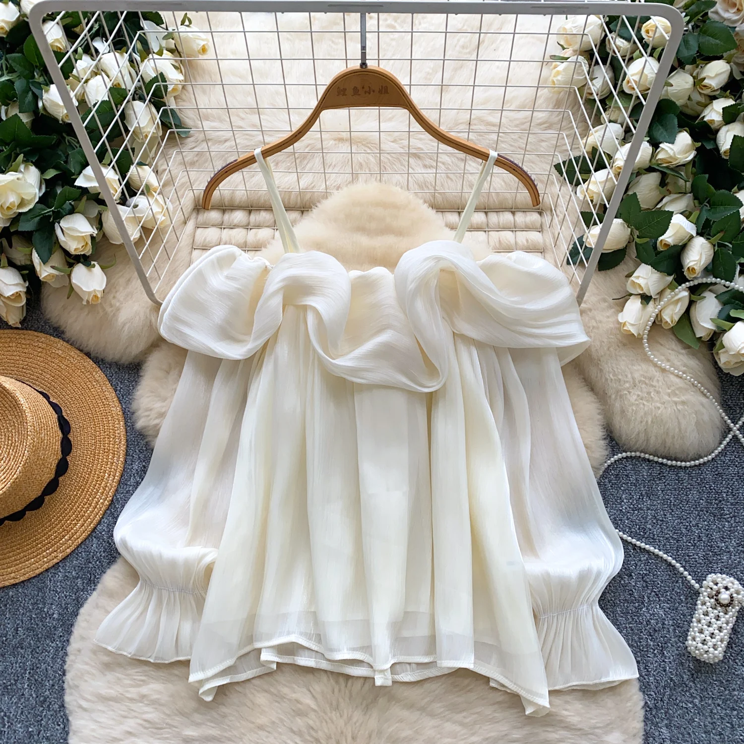 

One-shoulder Strap Chiffon Shirt Women 2025 Autumn French Gentle Off-shoulder Wood Ear Stitching Loose Boho Shirt Tops