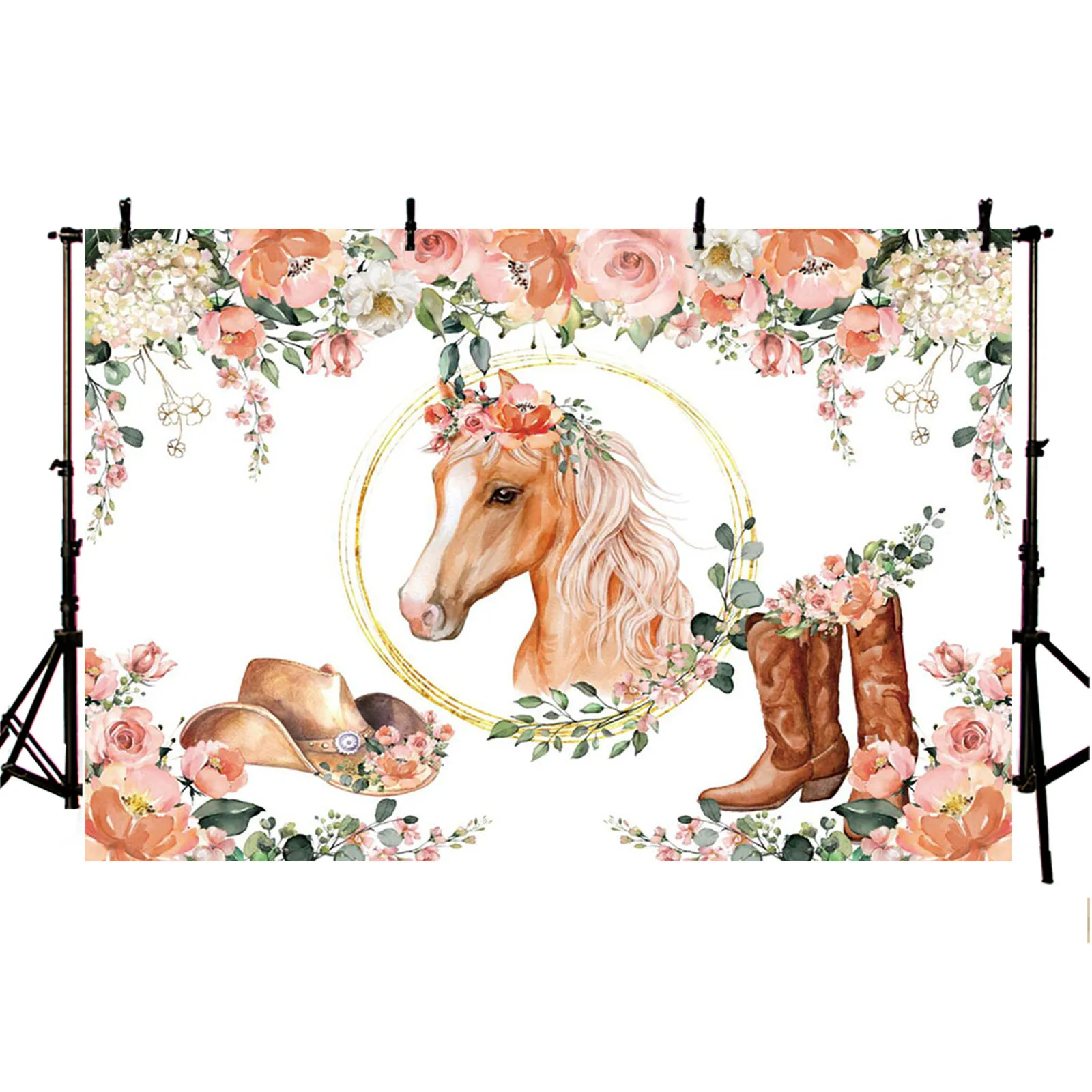 Western Cowgirl Birthday Backdrop Horse Boot Hat Blush Flower Photography Background Girl Portrait Baby Shower Party Decor