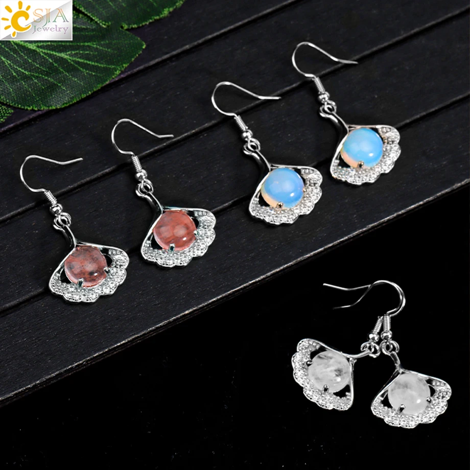 CSJA Healing Natural Stone Drop Earrings for Women Elegant Zircon Ginkgo Biloba Leaves Dangle Earrings Accessories Jewelry T072