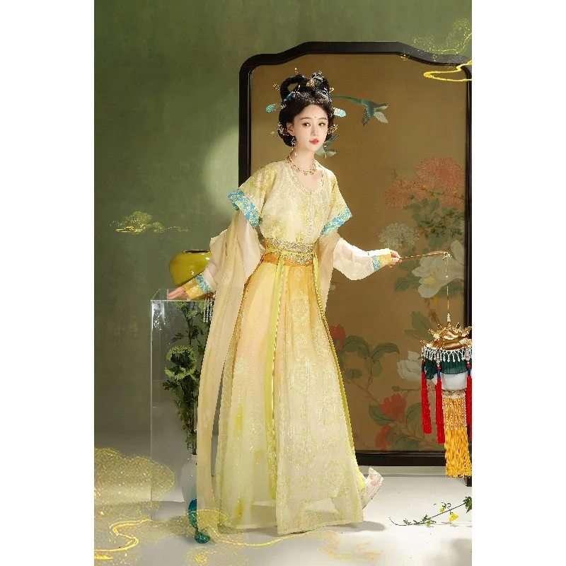Traje de primavera y verano Tang Yuzi para mujer, estilo Hanfu, con camisa de cuello redondo y falda corta hasta la cintura.