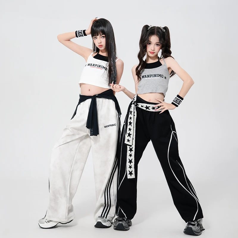 힙합 K-pop 자르기 탑 카고 바지 어린이 스트리트 댄스 복장 어린이 streetwear 의상 소녀 그룹 재즈 의류 세트 xh2645