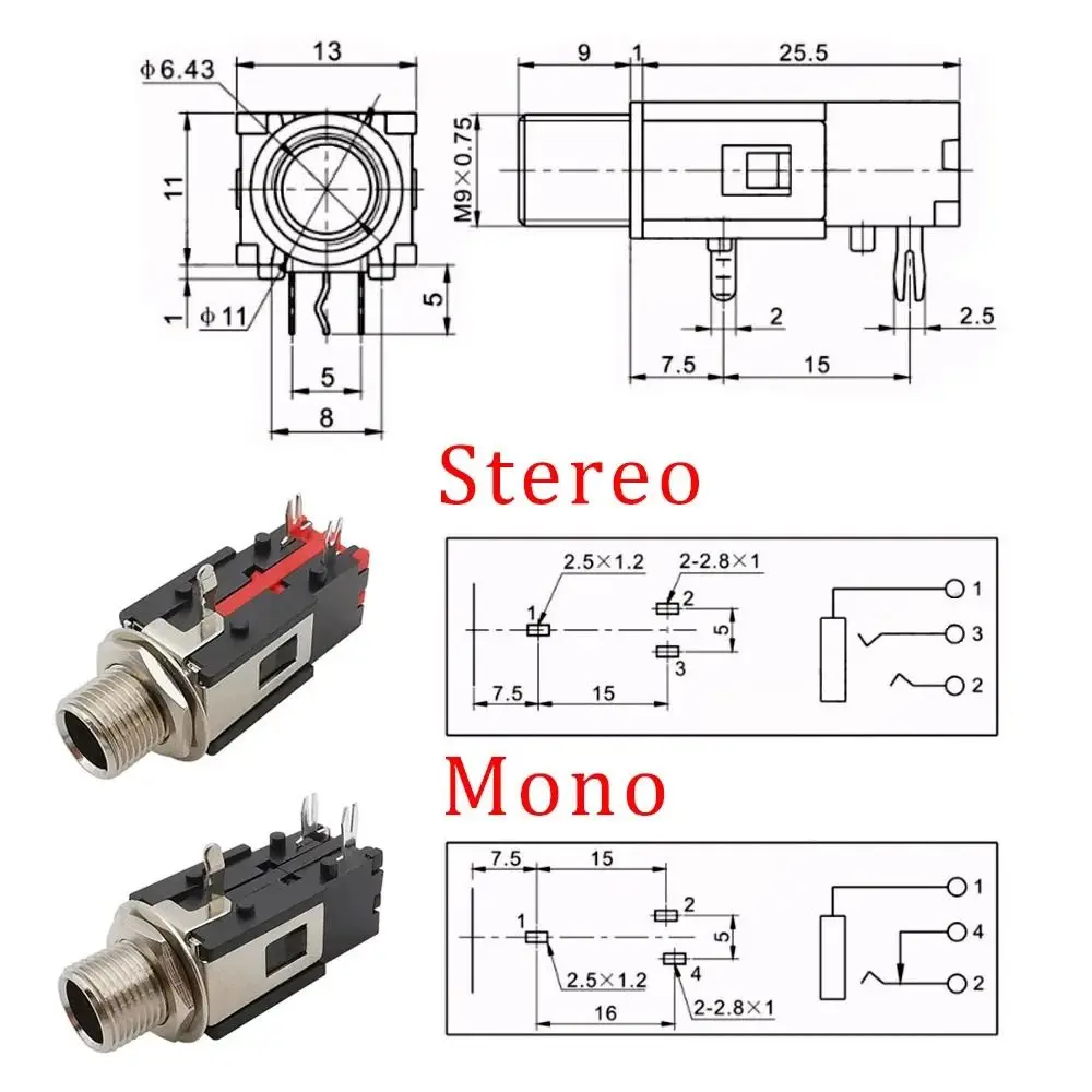 Gniazdo słuchawkowe Mono/Stereo 6.35mm gniazdo gniazdo słuchawkowe 6.35 1/4 cala mocowanie panelu Adapter z blokadą gwintu żeńskie gniazdo do