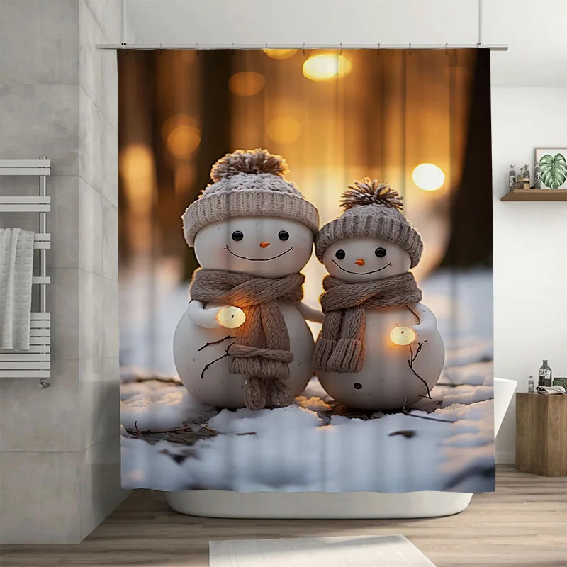 

TuniuCharming Winter Snowman Bathroom Shower Curtain Festive Holiday Decor Cute Cozy Design Waterproof Fabric Backdrop