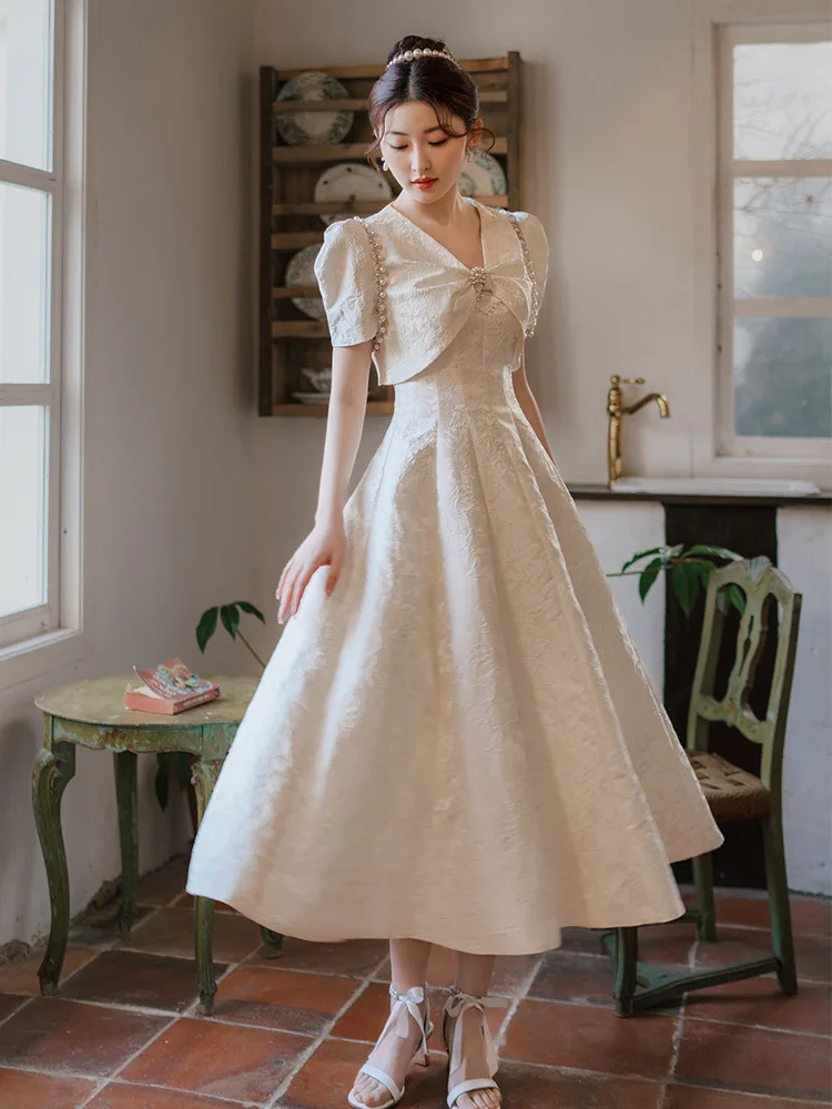 Vestido Formal con estampado de satén blanco, chal de cuentas de lujo, manga abullonada, vestidos de fiesta de boda, vestido de graduación de línea a, largo de té Delgado