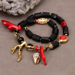 G-G 21'' Natural Black Tourmaline Cylinder Red Coral Branch Biwa Pearl Necklace Pendant Party Gifts For Lady