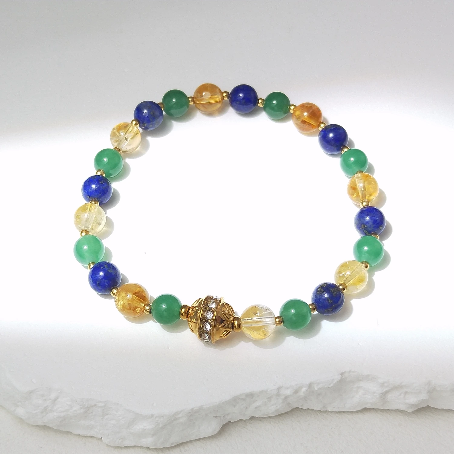 Lii Ji Natural Stone Citrine Green Aventurine Lapis Lazuli 6/8mm With Crystal Stainless Steel Elastic Bracelet