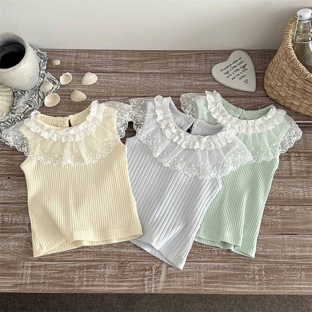 2026 Summer Baby T-Shirts Girls Lace Vest 9M-3T Kids Clothes Sweet Cute Lace Collar Toddler Cotton Ribbed Sleeveless Tops