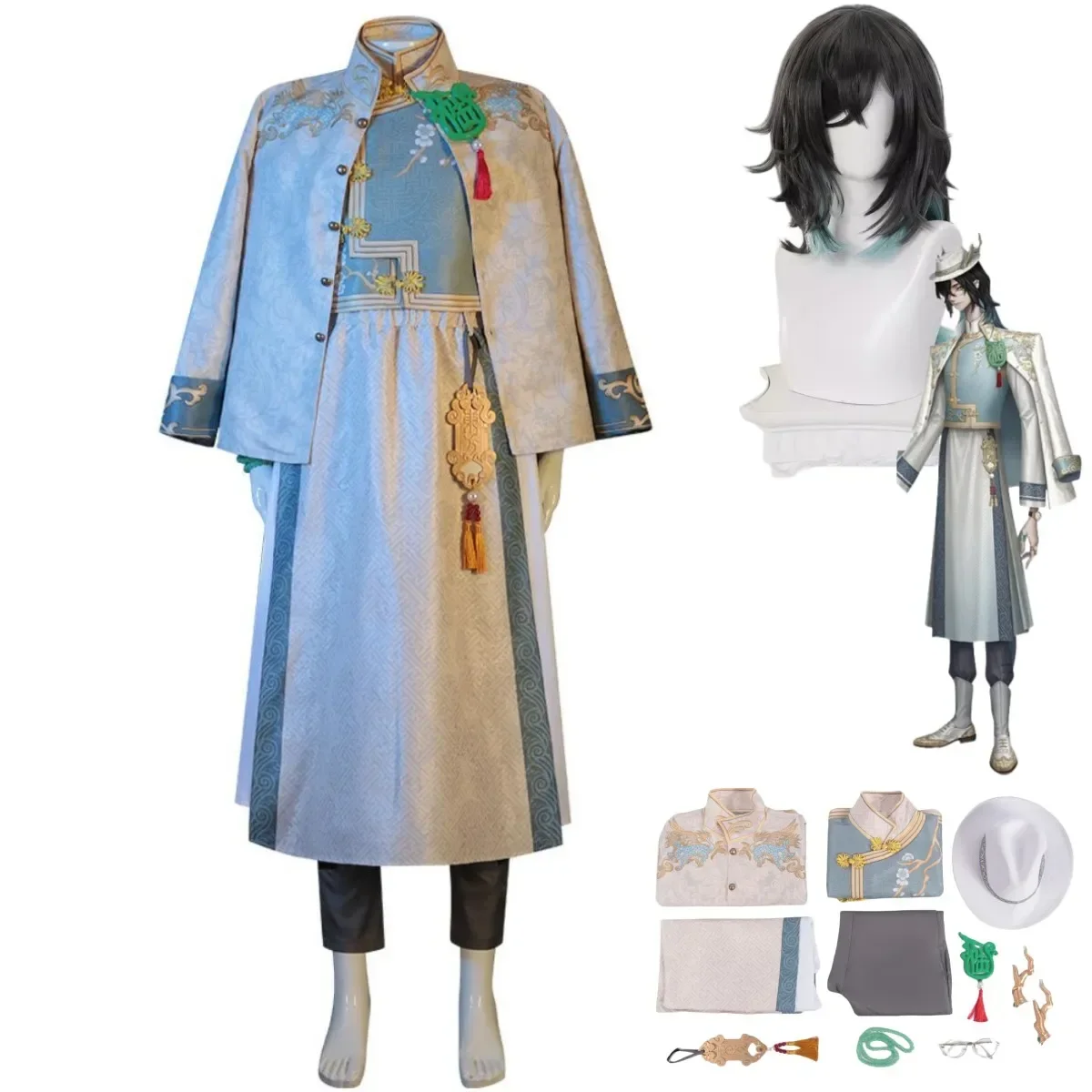 Game Identity Ⅴ White Guard  Xie Bi'an Cosplay Costume Wu Chang Government Officer Wig Uniform Coat Cape Man Halloween Suit