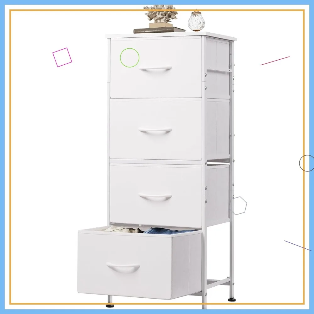 

4-Drawer Fabric Dresser with Steel Frame & Wood Top, White Storage Tower for Bedroom Closet Organization