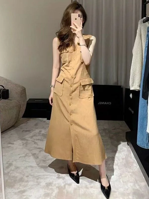 

plus Size 260 Pounds Hong Kong Style Waist Cinched Sleeveless Workwear Dress Women Elegant Lady Summer Long Vest Dress