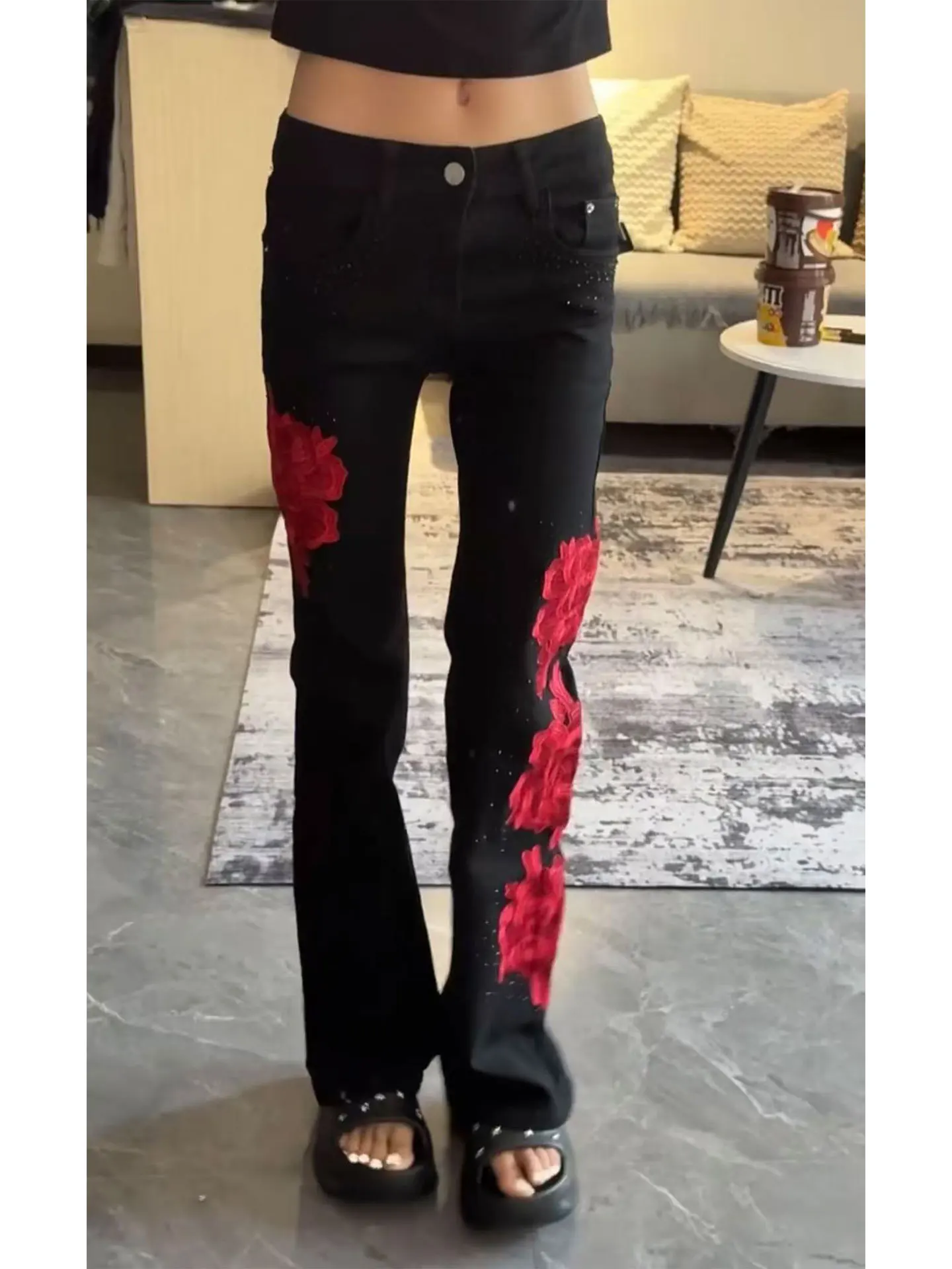 

High Waist Flared Jeans Women's Summer Fashionable Splicing Rose Pattern Cotton Elastic Soft Wear Resistant Black Denim Pants