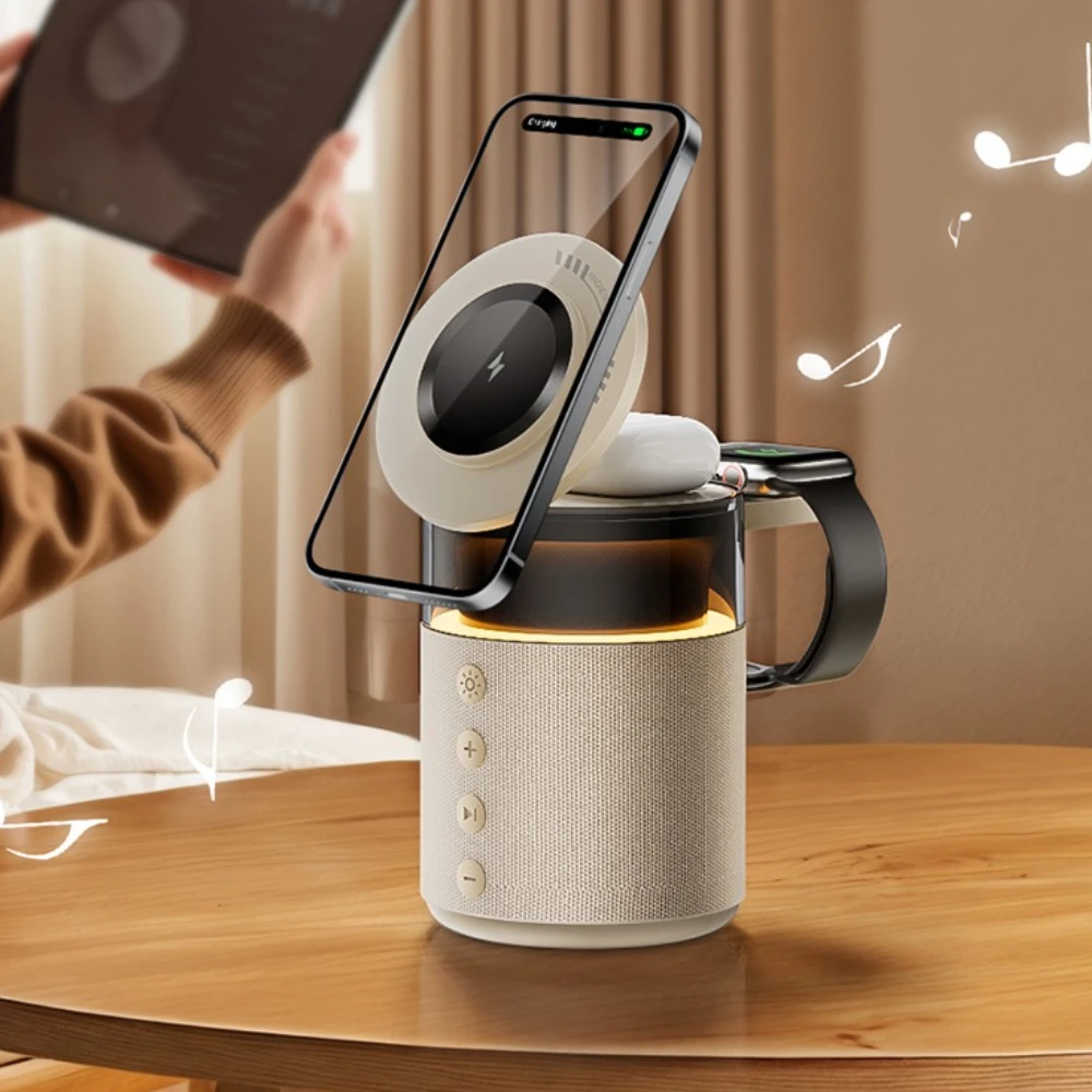 

Ночник Настольный 3 в 1, магнитное беспроводное зарядное устройство, динамик, быстрая зарядка для iPhone 17 ~ 12 Pro Max Apple Watch AirPods 4/3 Pro