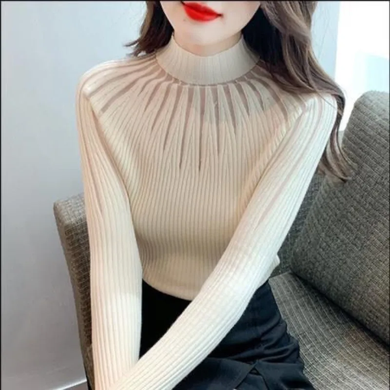 Autumn and Winter Women\'s Solid Half High Collar Long Sleeve Patchwork Gauze Hollow Out Slim Pullover Underlay Fashion Tops