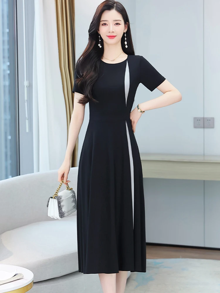 Black Patchwork Hepburn Elegant Midi Dress Summer Women Short Sleeve High  Wasit A-Line Robe 2024 Korean Bodycon Party Prom Dress - AliExpress  200000345