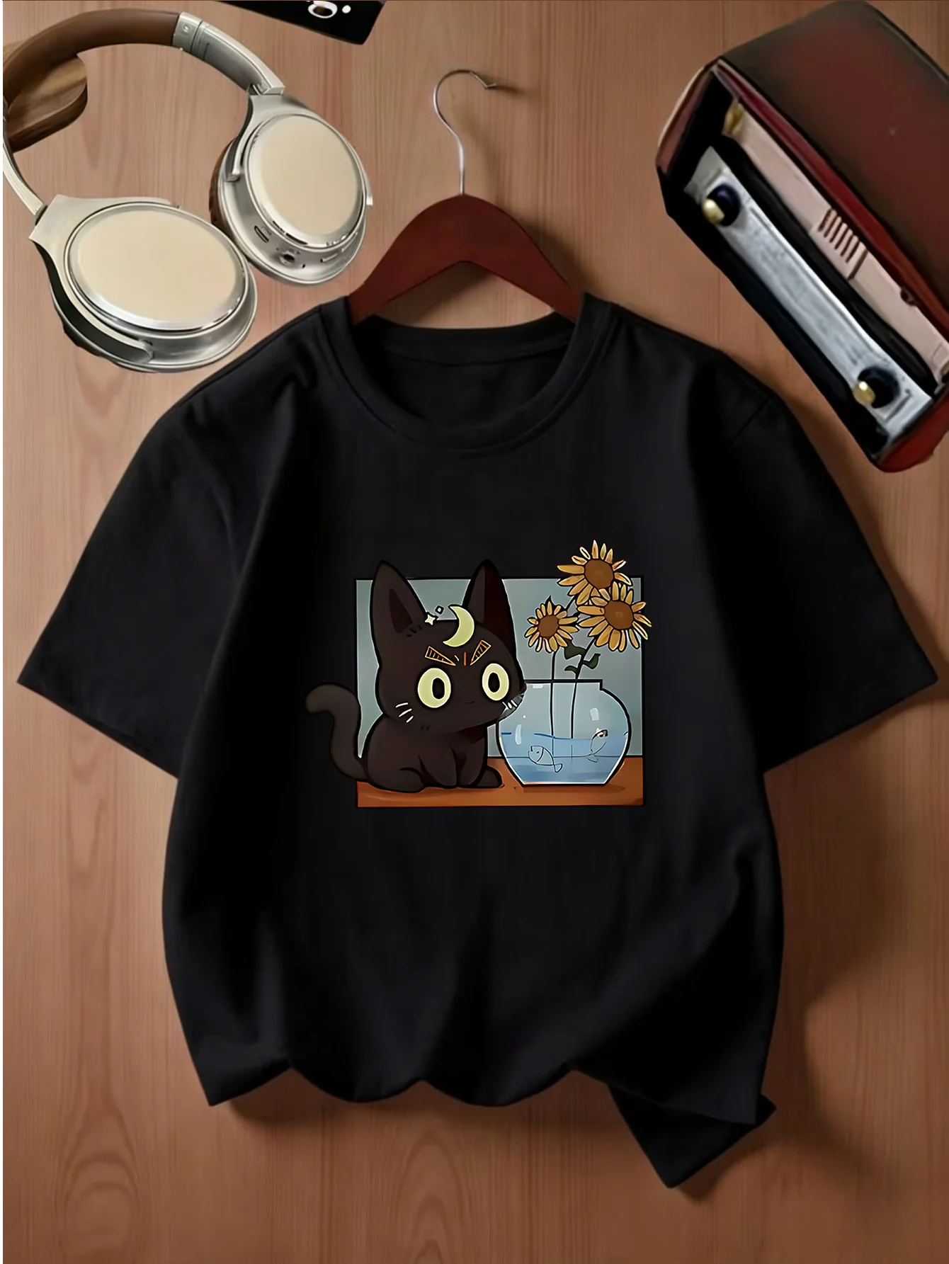 Cute Moon Black Cat Sunflower Fish Tank Print Kids T Shirt Boys Girls Family Matching Parent Child Summer Crew Neck Casual Tee
