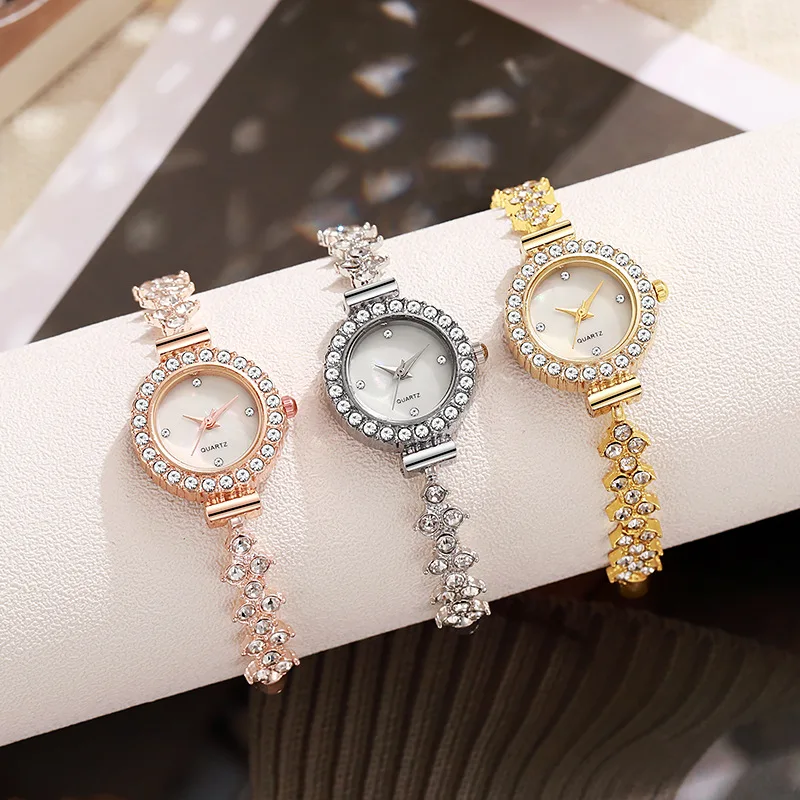 Ladies Watch, niche Fashion Diamond-Encrusted Round Full Diamond Women's Learning Pull-Out Bracelet Quartz Watch image 6