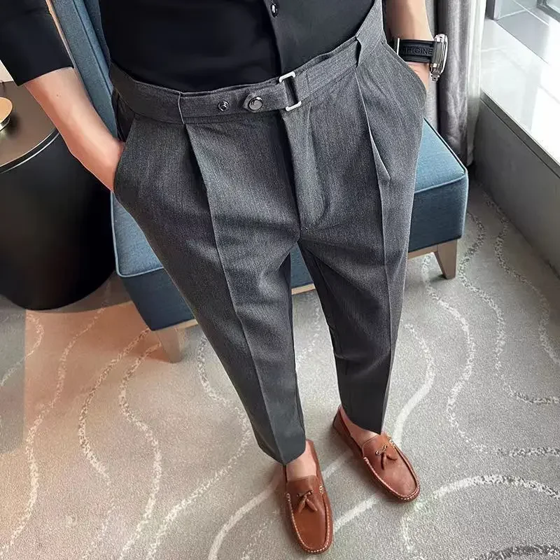 Draped with Belt Man Suits Pants Gray Fluid Trousers for Men Elegant Work Wear Fashion Vintage New in Slacks Tailoring Fabric Up