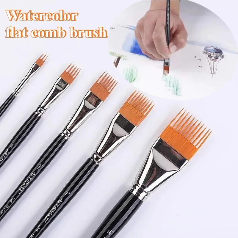 

5pcs/set Watercolor Flat Comb Brush Wooden Handle Nylon Paint Brushes Art Students' Sketching Watercolor/acrylic Painting Brush