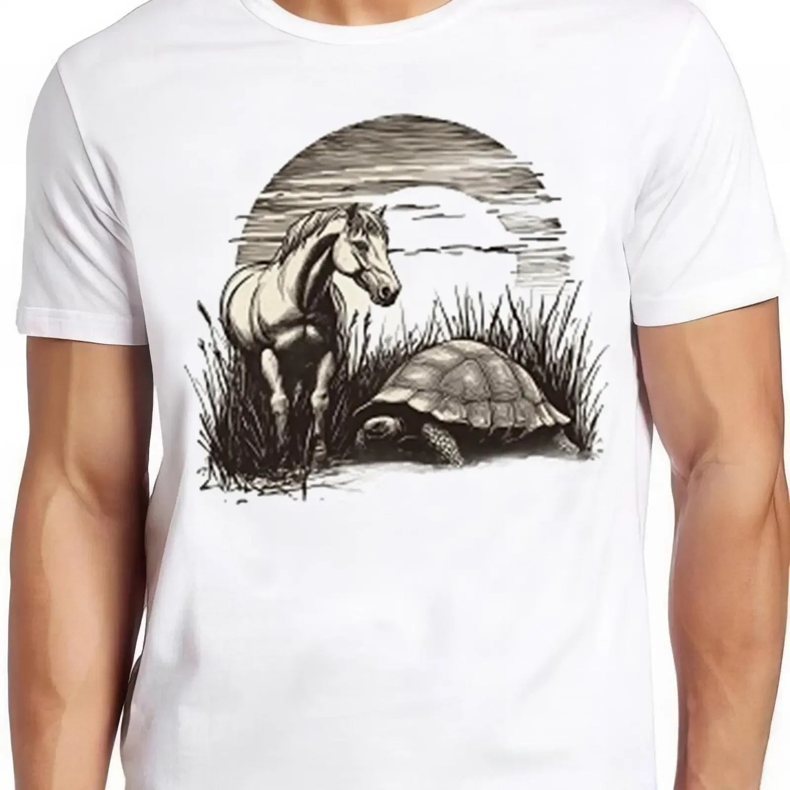 Horse And Tortoise Sketch Humorous Hilarious Witty Funny Music T Shirt 2227 vintage Washed Slightly Top For Everyday Wear