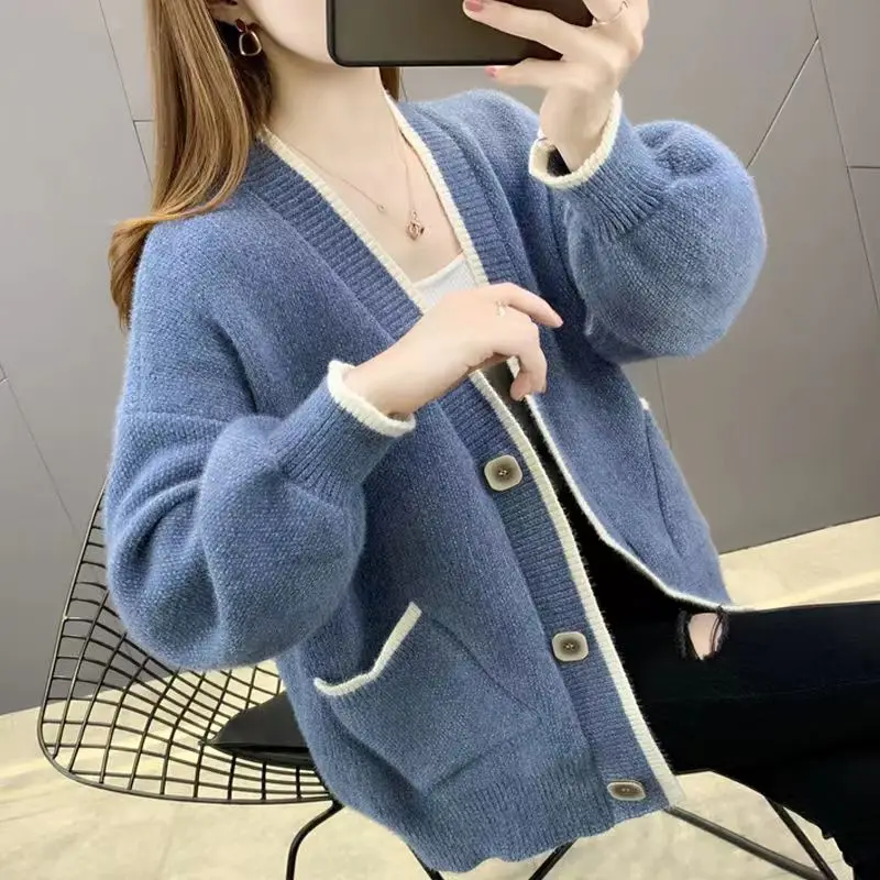 Elegant Women Solid Colour Knit Cardigan 2024 Autumn Casual Ladies V-Neck Single Breasted Sweaters Female Chic Button Tops