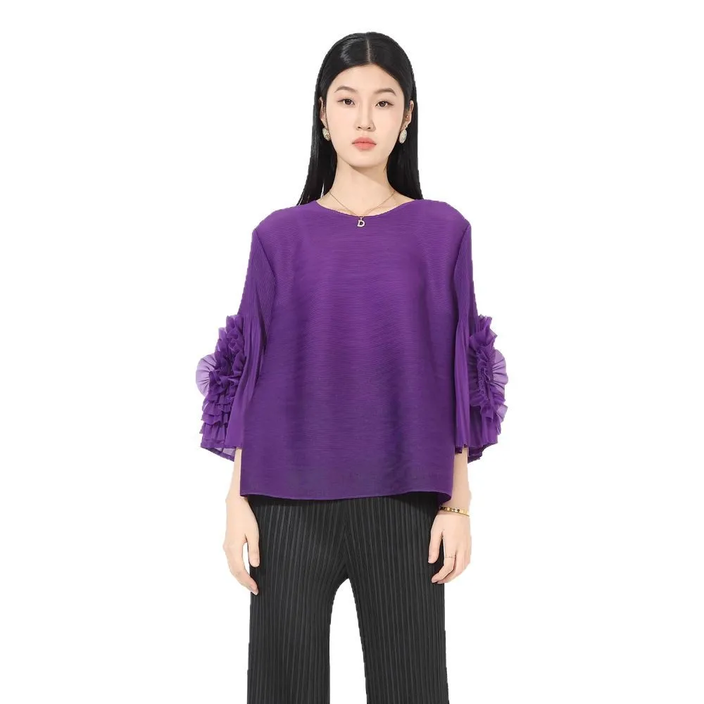 Miyake-Camiseta plisada con cuello redondo para mujer, Top informal elástico ajustado con flores, talla grande, a la moda y versátil, 2025