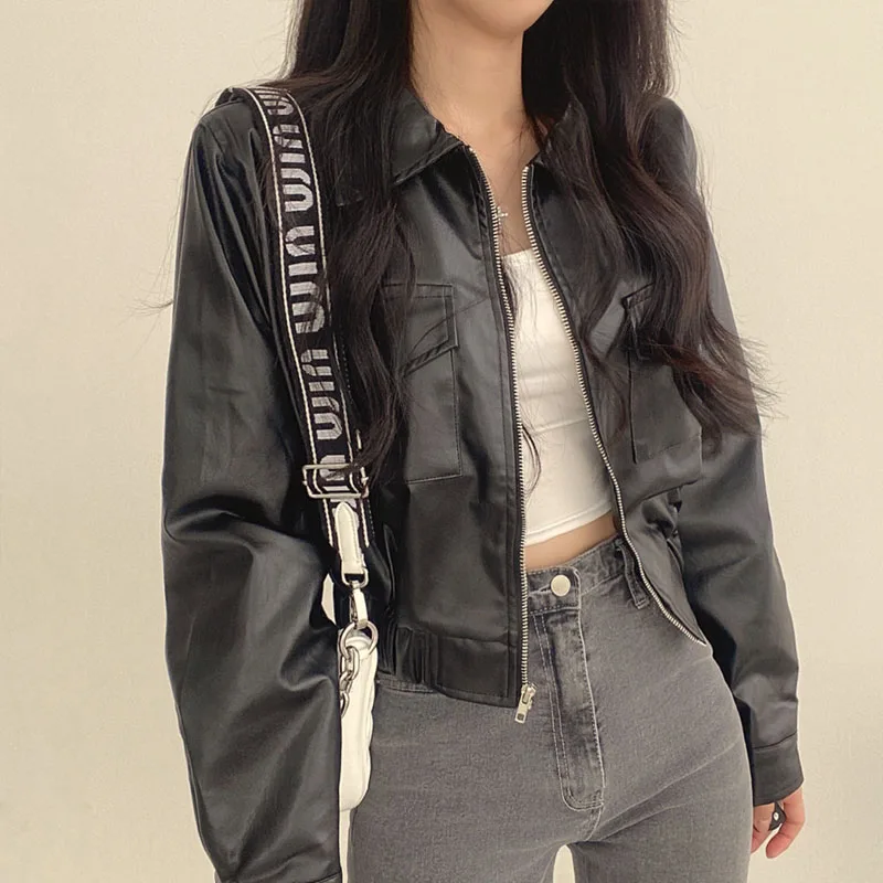 

Женская кожаная куртка Ele ort Faion, новинка весны, утягивающее пальто с воротником, кардиган, топ, модная шикарная верхняя одежда