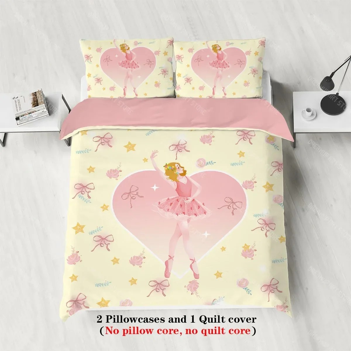 3Pcs Cartoon Dancing Ballet Girl Theme Series Printed Bedding Set ,For Guest Room (1_Duvet Cover + 2_Pillowcase, NO Core)