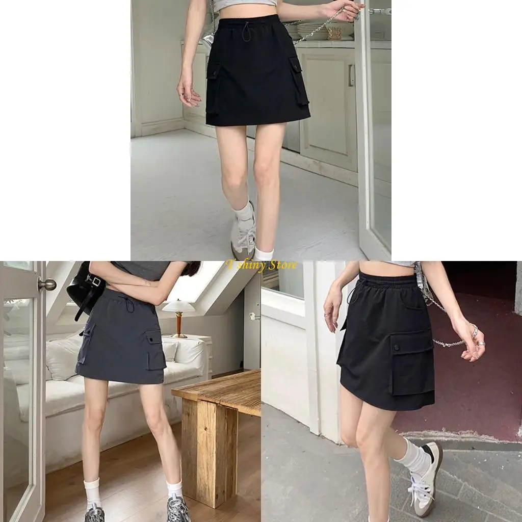 

N58F Women's Summer Casual High Waist Drawstring A Line Mini Cargo Skirt Streetwear