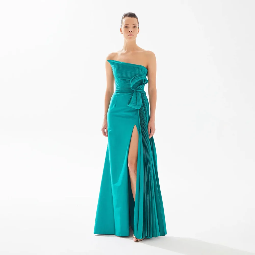 

Sexy Strapless Prom Dresses Customized Sleeveless Backless Elegant High Slit A Line Party Dress Soft Satin Evening Gown