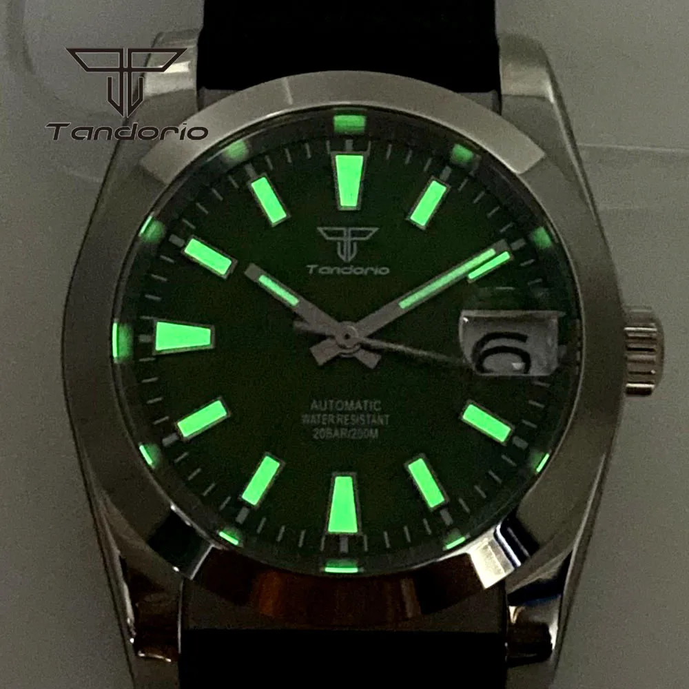 Tandorio NH35A Date Polished 36mm/39mm Automatic Watch for Men Sunburst Dial Rubber Strap Green Luminous Screw Crown