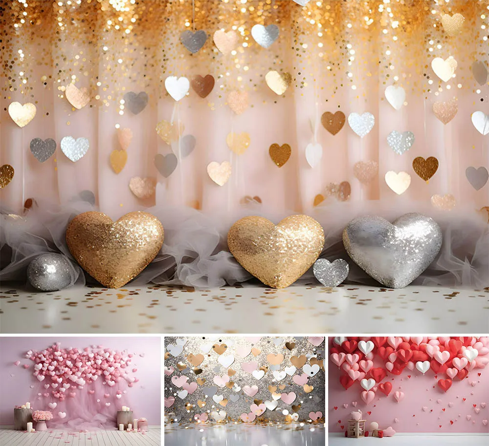 Mehofond Gold Pink Love Heart Backdrop for Photography February 14 Valentine's Day Newborn Flower Decoration Photo Backgrounds