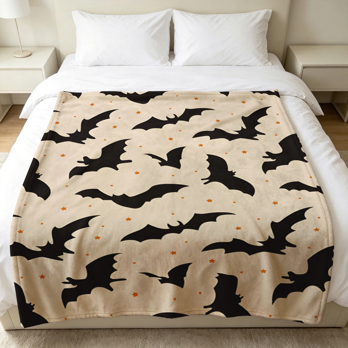 Cream Bats Orange Stars Flannel Blanket Warm Soft Halloween Christmas Decorative Couch Warm Cozy All-Season Gift