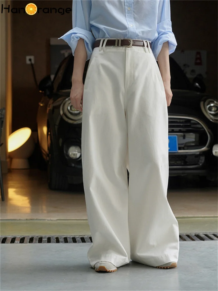 HanOrange 2024 Spring Simple High Waist Wide Leg Pants Women Pure Cotton Comfortable Breathable Trousers White/Dark Gray