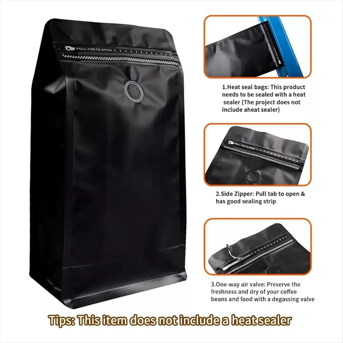 

A38F 50 шт. кофейные пакеты с клапаном с плоским дном, стоячие сумки для хранения кофейных зерен, многоразовые термосвариваемые боковые пакеты на молнии, D