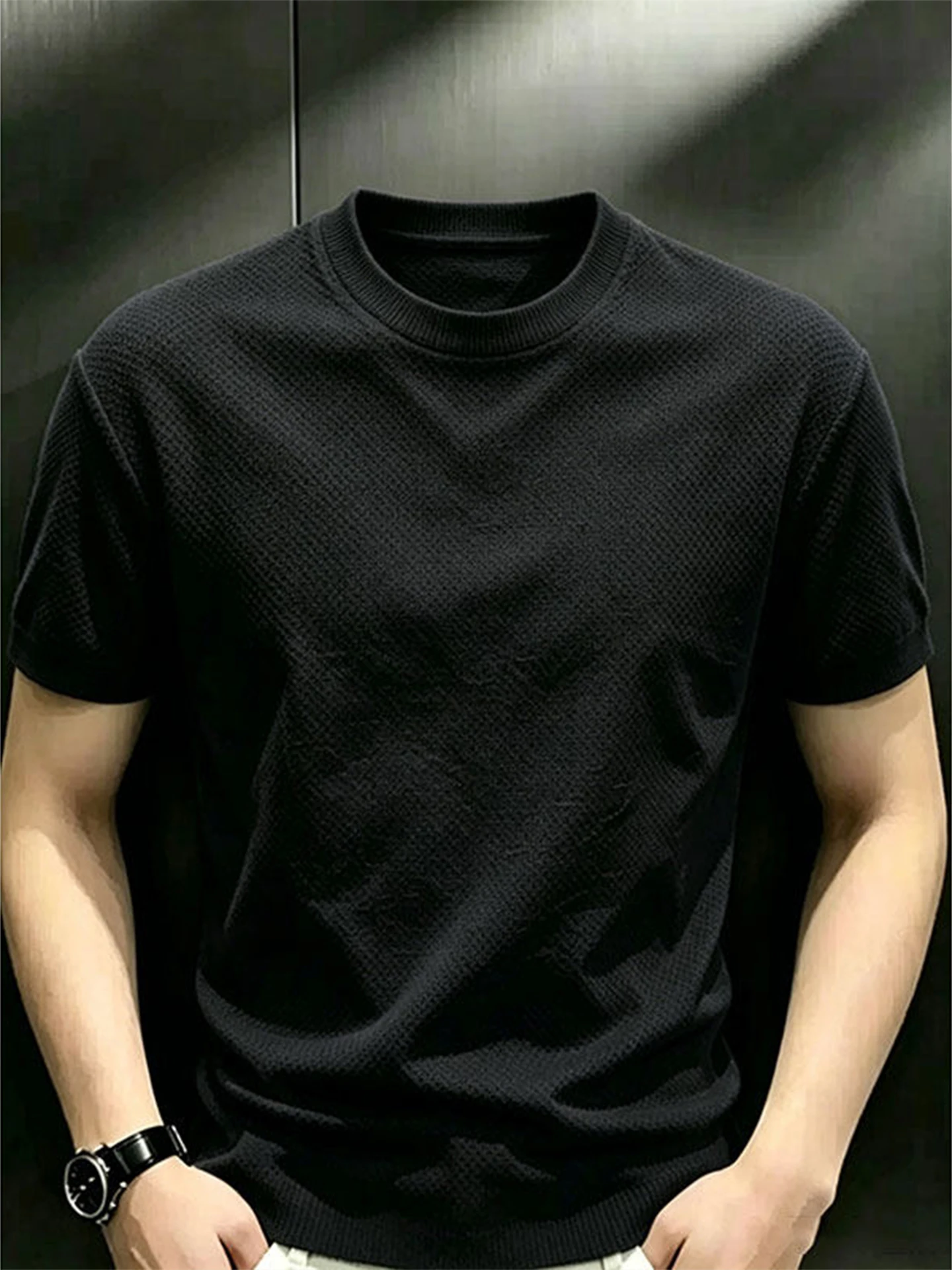 Black Dragon Scale Texture round Neck Short Sleeve Men's T-shirt Lightweight Breathable Summer Fashion American Style Shoulder