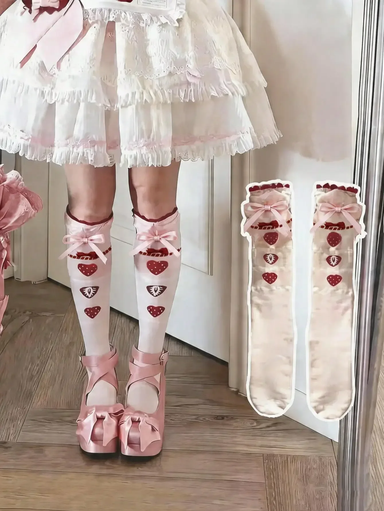 

1/2 Pair Lolita Style Socks, Cute Japanese JK Strawberry Wall Socks, Sweet Girly Pink Bow Over-The-Knee Socks