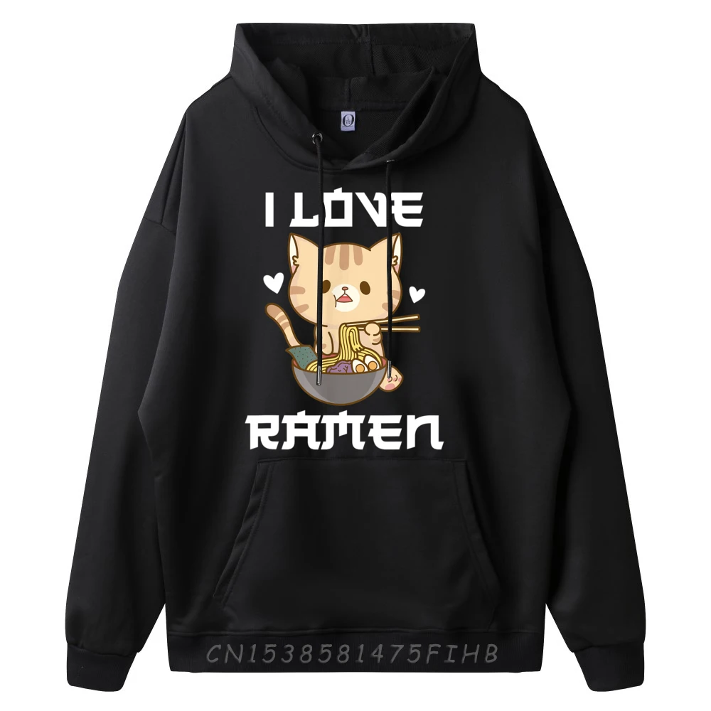 Kawaii Cat Eating Ramen Noodle Soup I Love Ramen Plain Sweatshirts Wholesale Mans Hoodies Homme Illustration