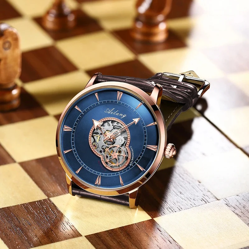 AILANG Brand Luxury Waterproof Ultra Thin Hollow out Watch for Men Leather Strap Casual Automatic Mechanical Wristwatch