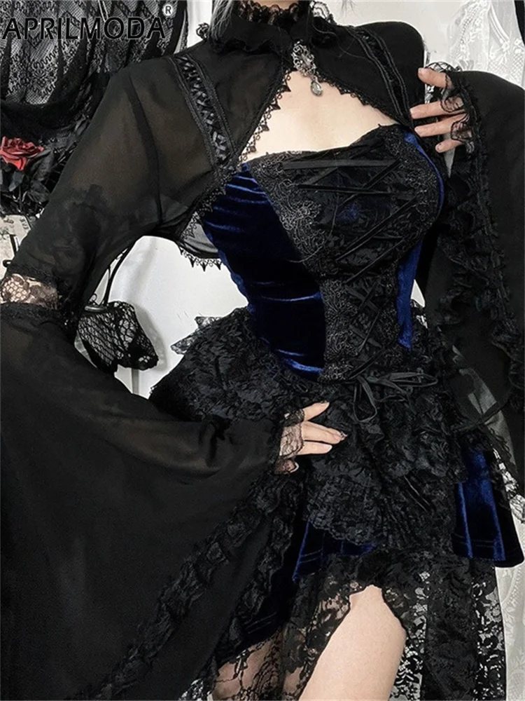 

2025 субкультура, кружевной укороченный черный лоскутный топ с плечами, весна-лето, гранж, эстетический топ с длинными расклешенными рукавами, Harajuku Techwear, куртки