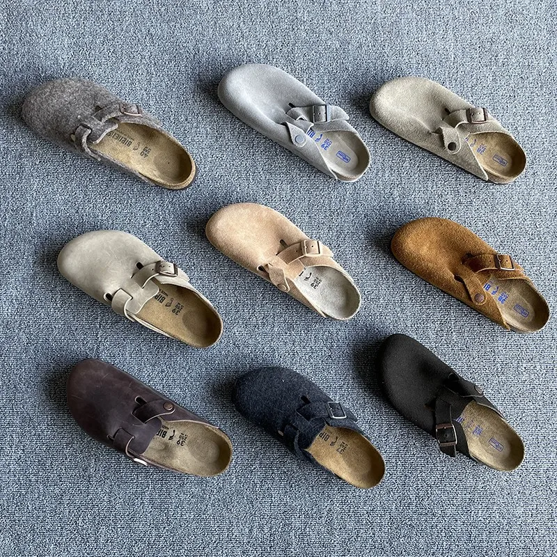 con caja, zuecos de diseñador, zapatillas, diapositivas, zuecos de Boston, sandalias de alta calidad, piel de ante suave, color topo, mocha, beige, barro, arena, azul y gris