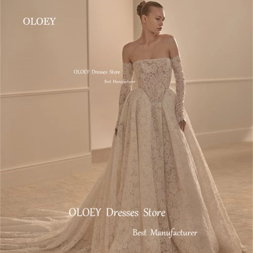 

OLOEY Exquisite Ivory Strapless Lace Wedding Dresses With Gloves Floor Length Bride Gowns Pleated Waist Robe de mariage Custom