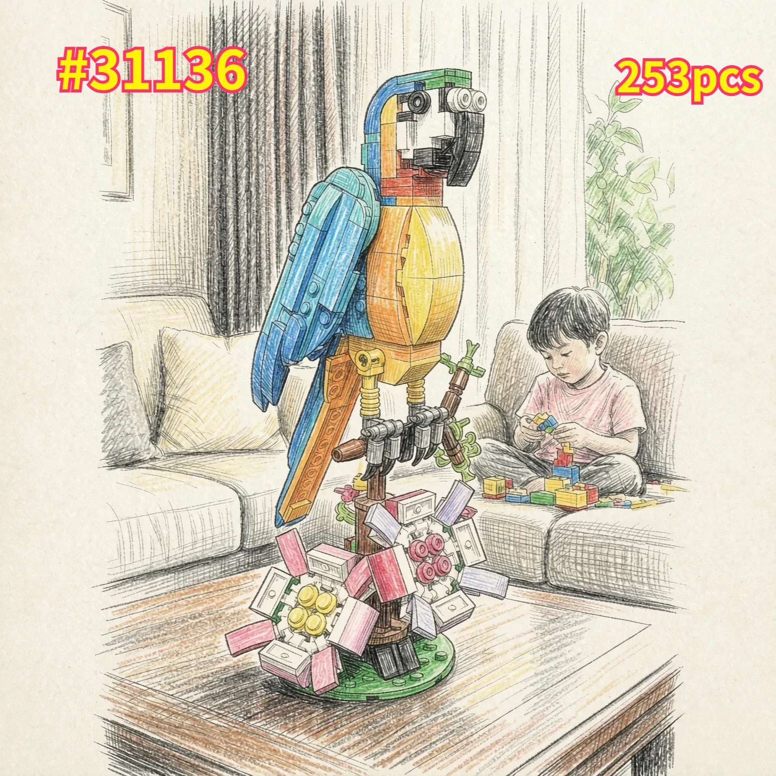 3 in 1 Parrot Building Toy Set, Transforms To 3 Different Animal Figures - From Colorful Parrot, To Swimming Fish, To Cute Frog